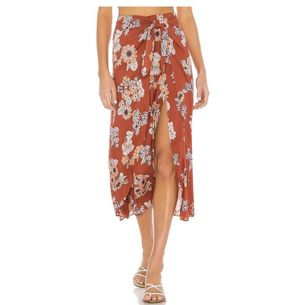 Free People Skirt Womens 6 Red Floral Sunray Wrap Midi Asymmetric Boho Tie Waist